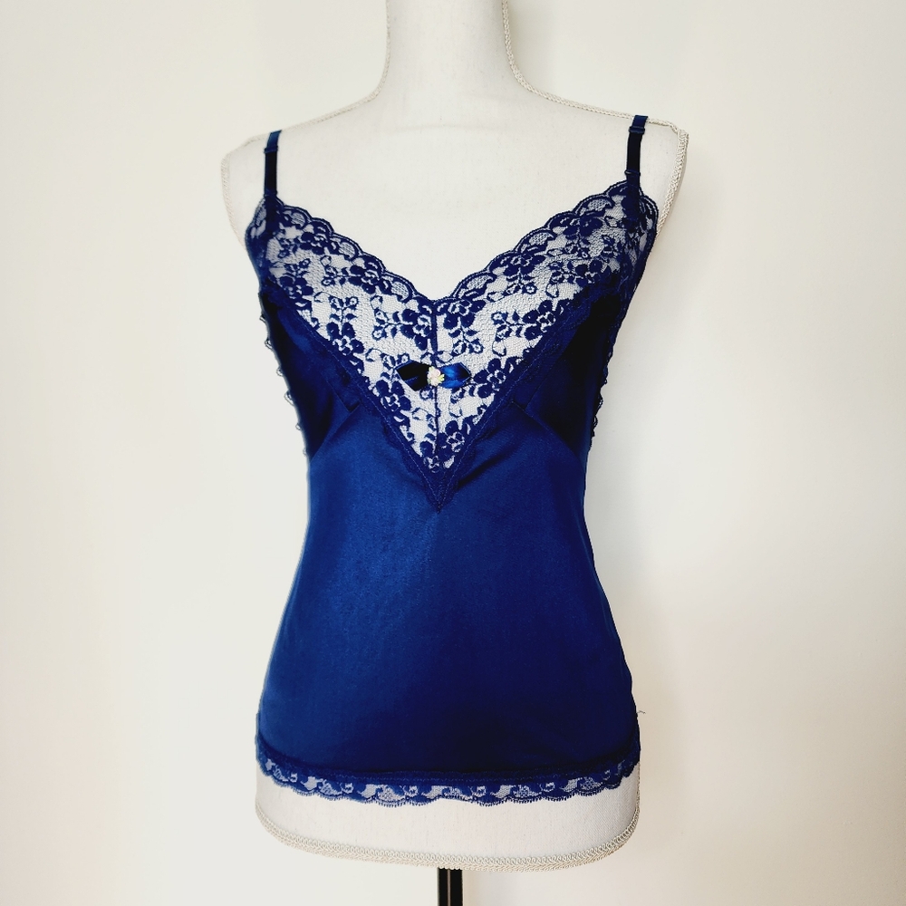 Vintage Sliperfection cami navy deep vneck satin lace lingerie